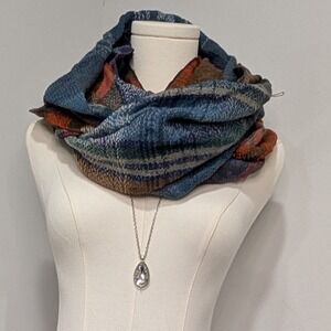 Modena Chunky Knit Infinity Scarf Blue Plaid Pattern Warm Winter Accessory Women